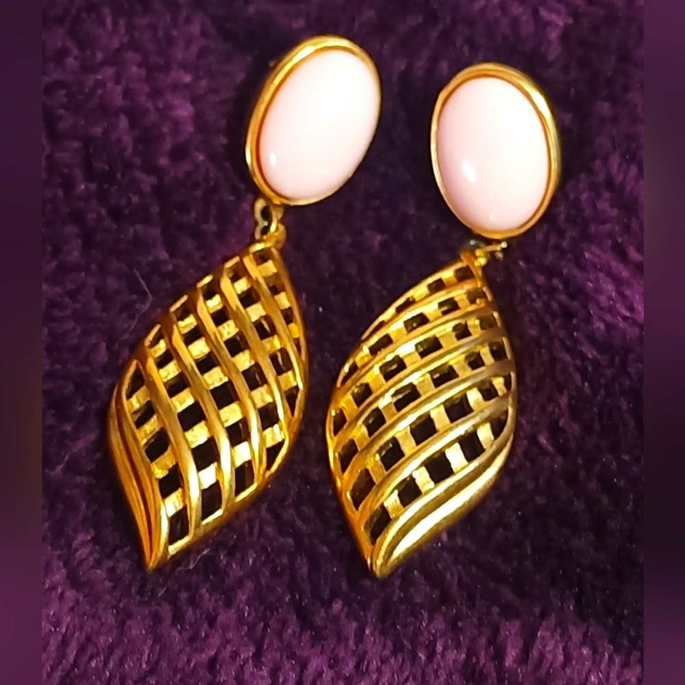 Vintage trafari signed earrings,dangle earrings,pink stone, gold tone earrings